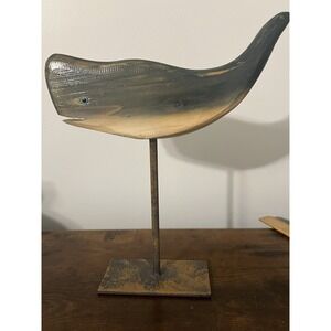 Hand Carved Wooden Whale on Metal Stand Rustic Folk Art Coastal Decor